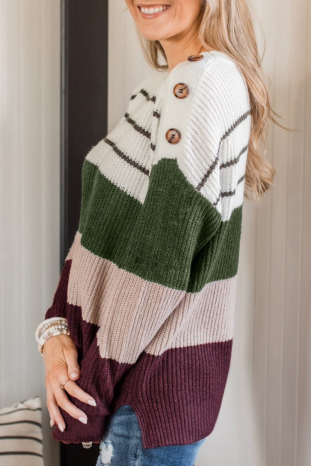 Colour Block Striped Buttoned Shoulder Split Sweater | Green