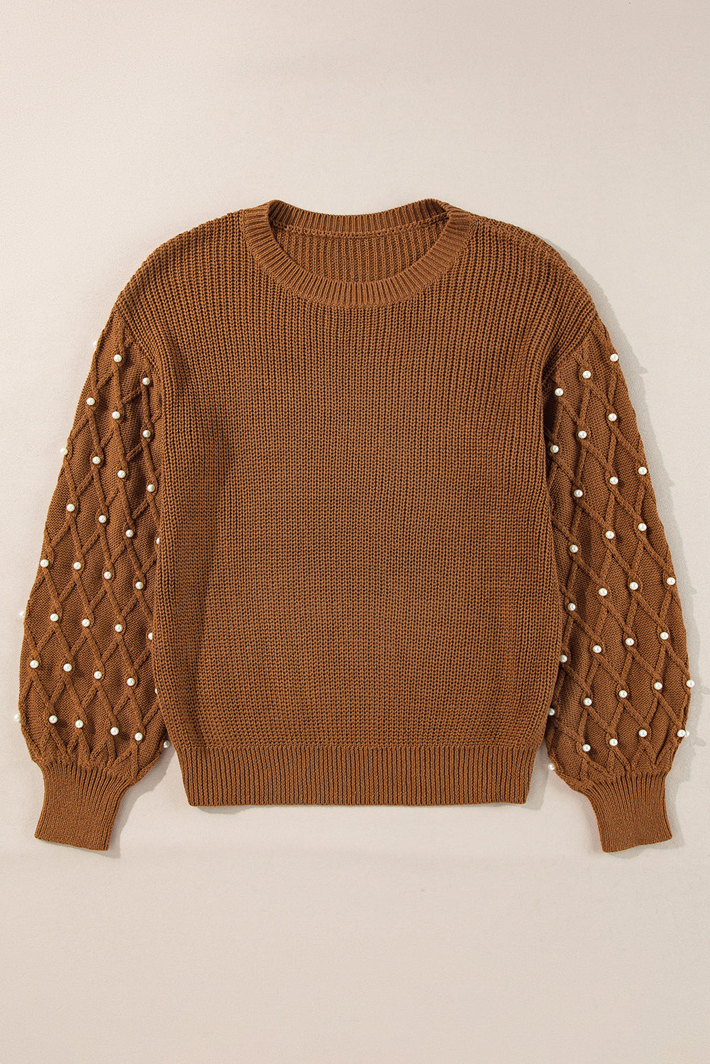 Beaded Drop Shoulder Round Neck Sweater | Chestnut