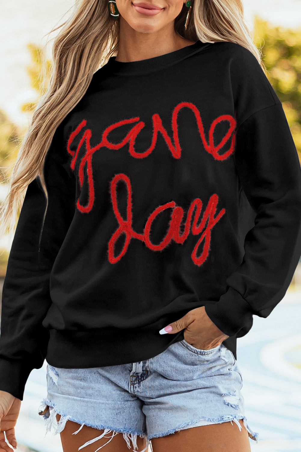 Tinsel Game Day Drop Shoulder Graphic Sweatshirt | Black