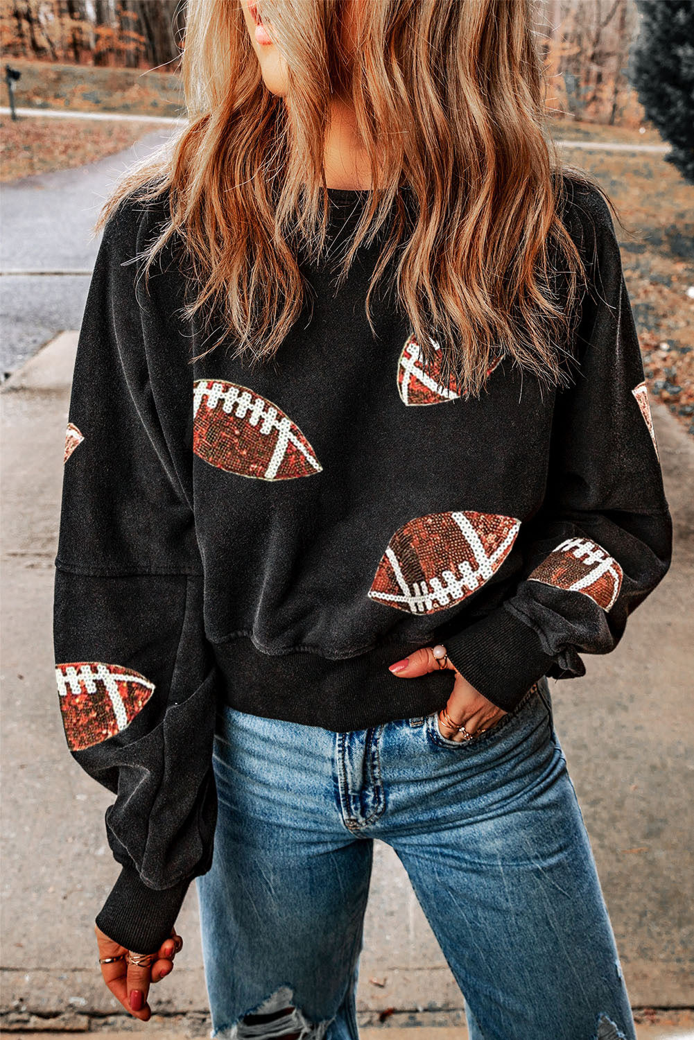 Black Sequined Rugby Football Graphic Open Back Sweatshirt