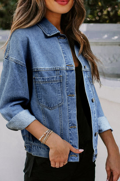 Washed Oversize Pocketed Denim Jacket | Light Blue