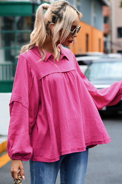 Crinkle Collared V-Neck Bubble Sleeve Flowy Blouse | Rose