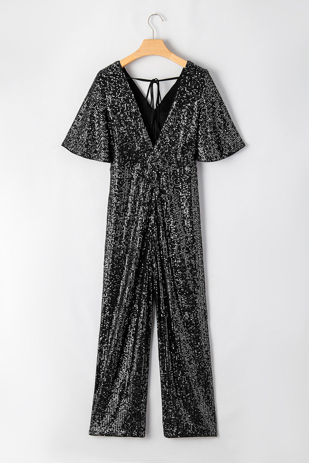 Sequin V Neck Flutter Sleeve Wide Leg Jumpsuit | Black