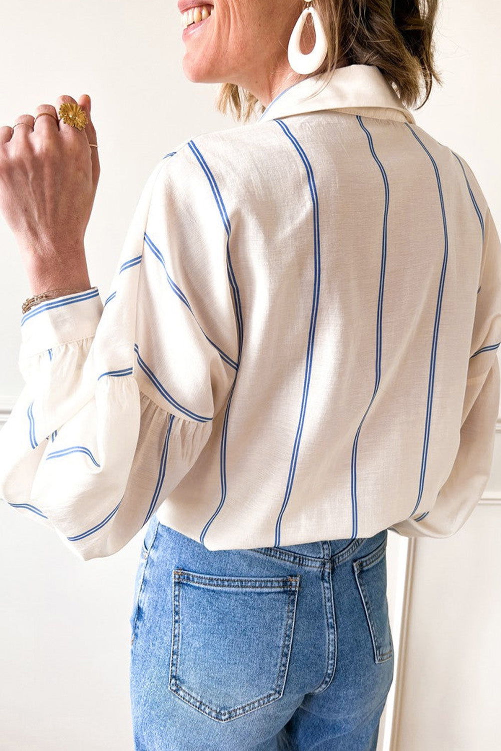 Drop Shoulder Bubble Sleeve Loose Shirt | Sky Blue Stripe