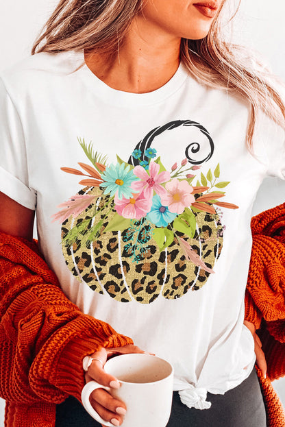 Floral Leopard Pumpkin Graphic Halloween T Shirt | White