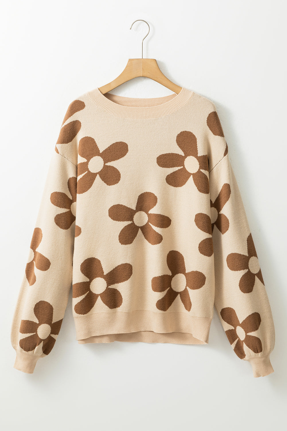 Big Flower Knit Ribbed Trim Sweater | Parchment