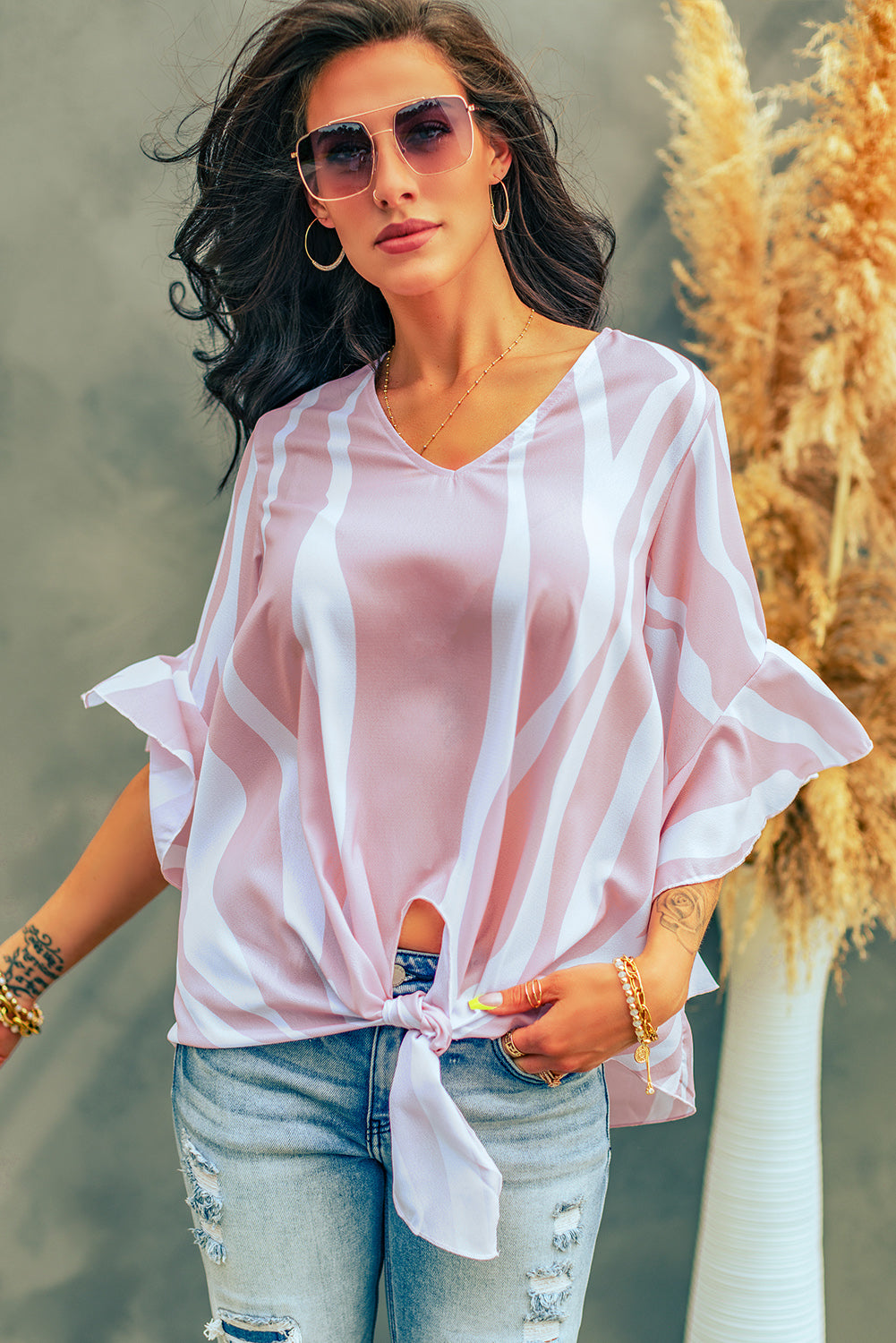 Vertical Stripes V Neck 3/4 Sleeve Blouse | Pink