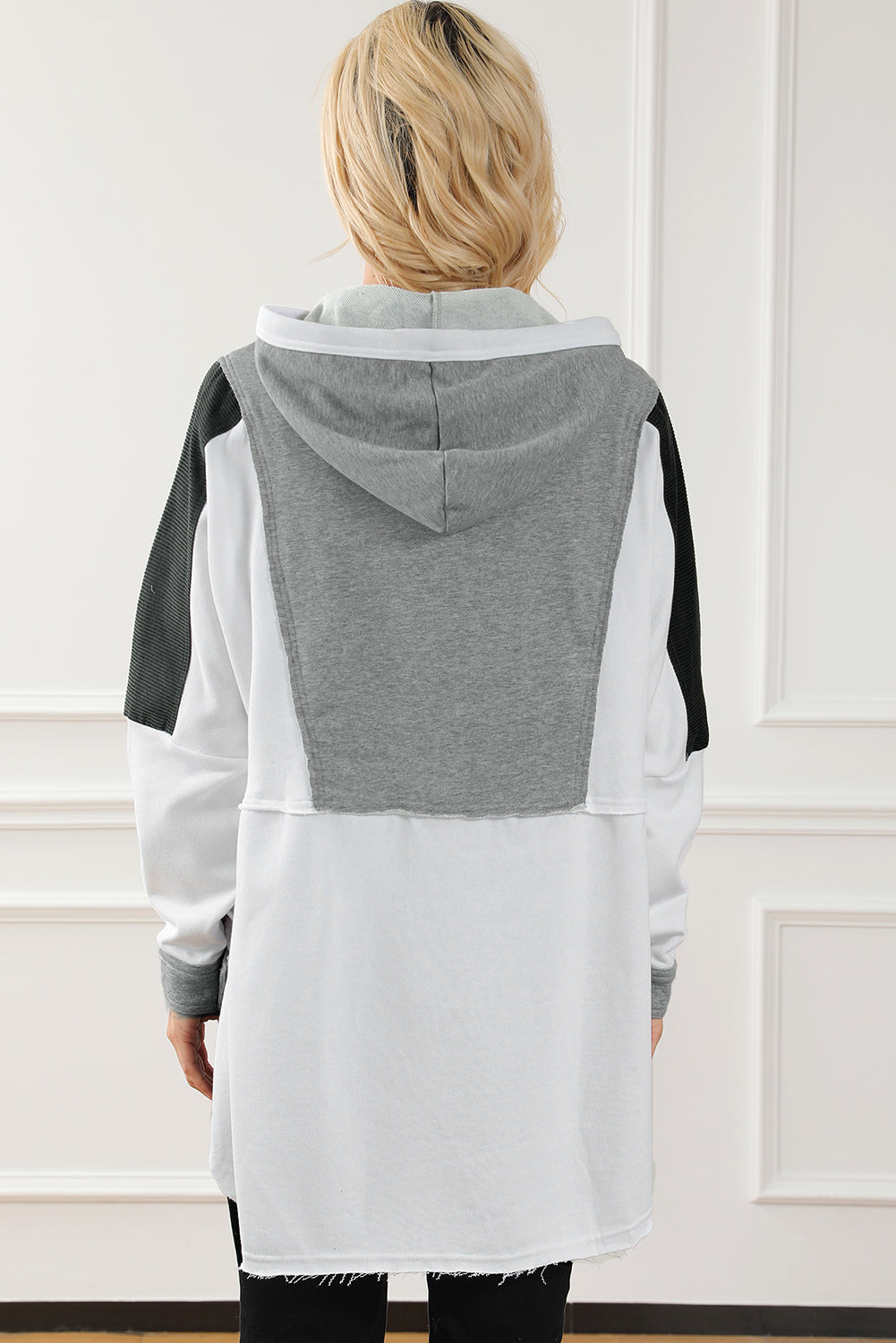 Colour Block Exposed Seam Buttoned Neckline Hoodie | Gray