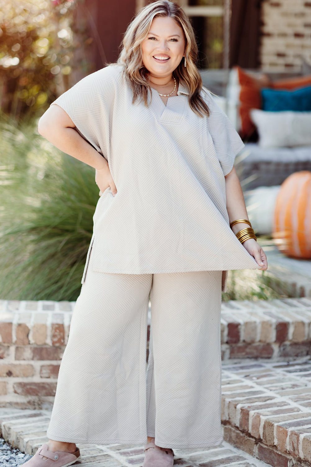 Plus Size Textured Collared Top And Pants Set | Beige