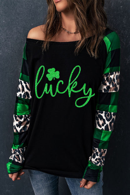 Lucky Clover Glitter Graphic Leopard Plaid Splicing Top | Green