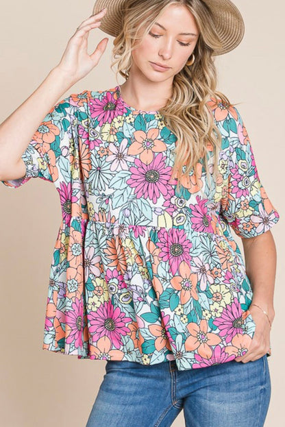 Bohemian Flower Print Flowy Short Sleeve Top | Multicolour