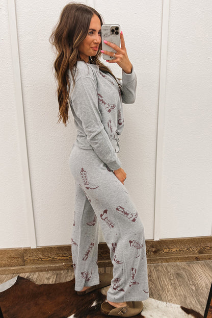 Cowgirl Boots Printed Long Sleeve Top Pants Lounge Set | Gray