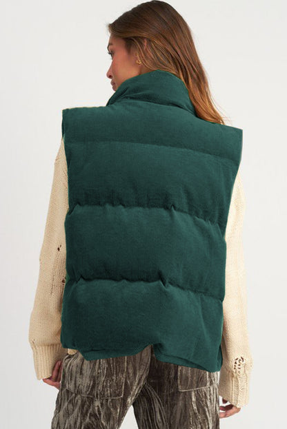 Corduroy Stand Neck Zipped Puffer Vest | Jungle Green