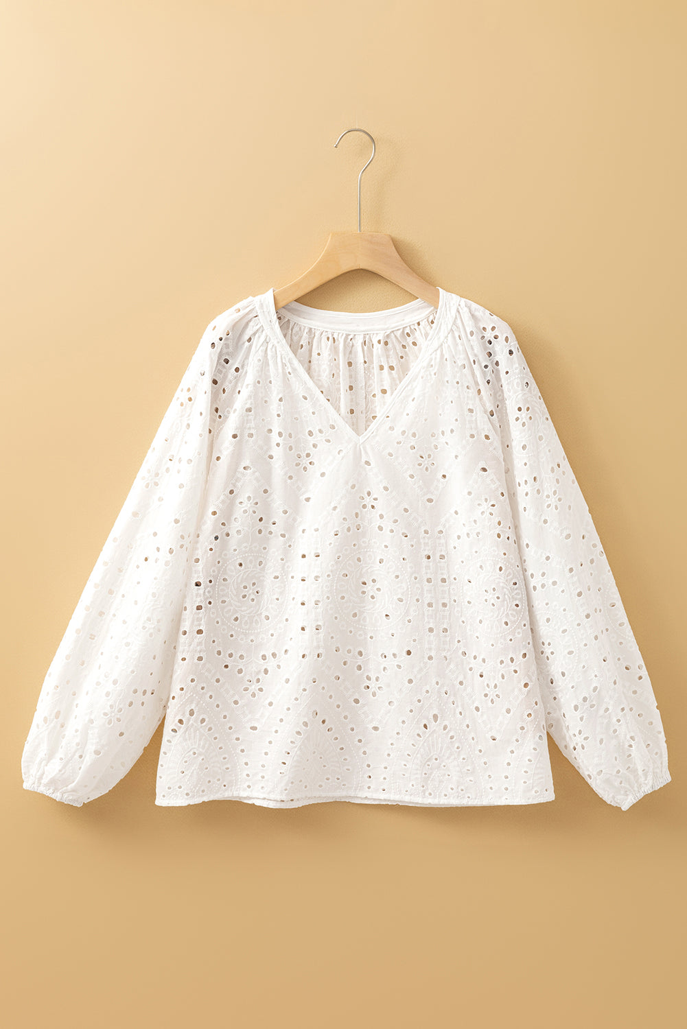 Eyelet Embroidered Puff Sleeve V Neck Blouse | White