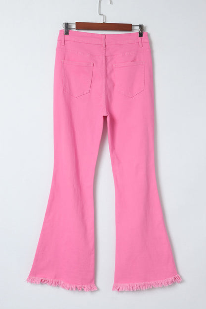 Vintage High Waist Flare Leg Ripped Raw Hem Jeans | Pink