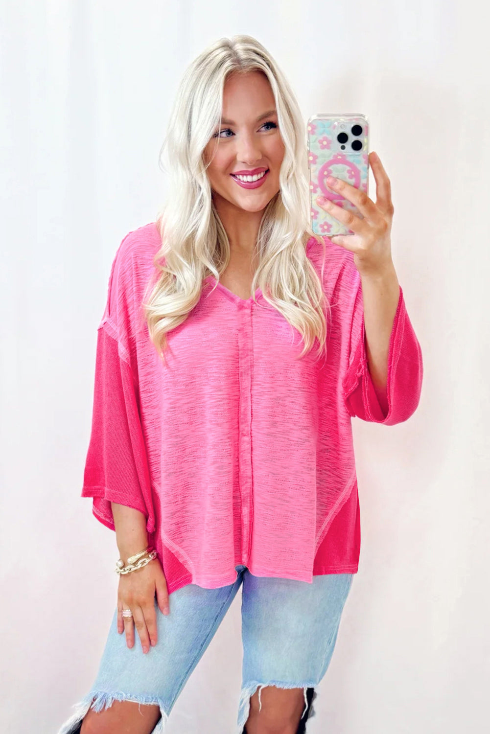 Contrast Patchwork 3/4 Sleeve V Neck Loose Blouse | Sachet Pink