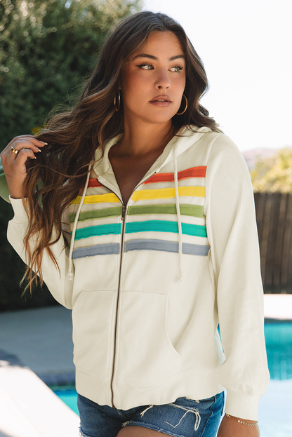 Colourblock Striped Patchwork Side Pockets Zipper Hoodie | Apricot