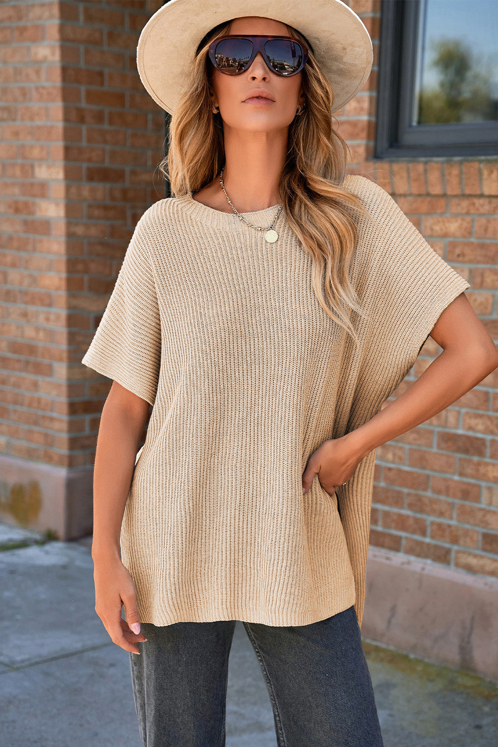 Apricot Short Sleeve Side Slit Oversized Sweater