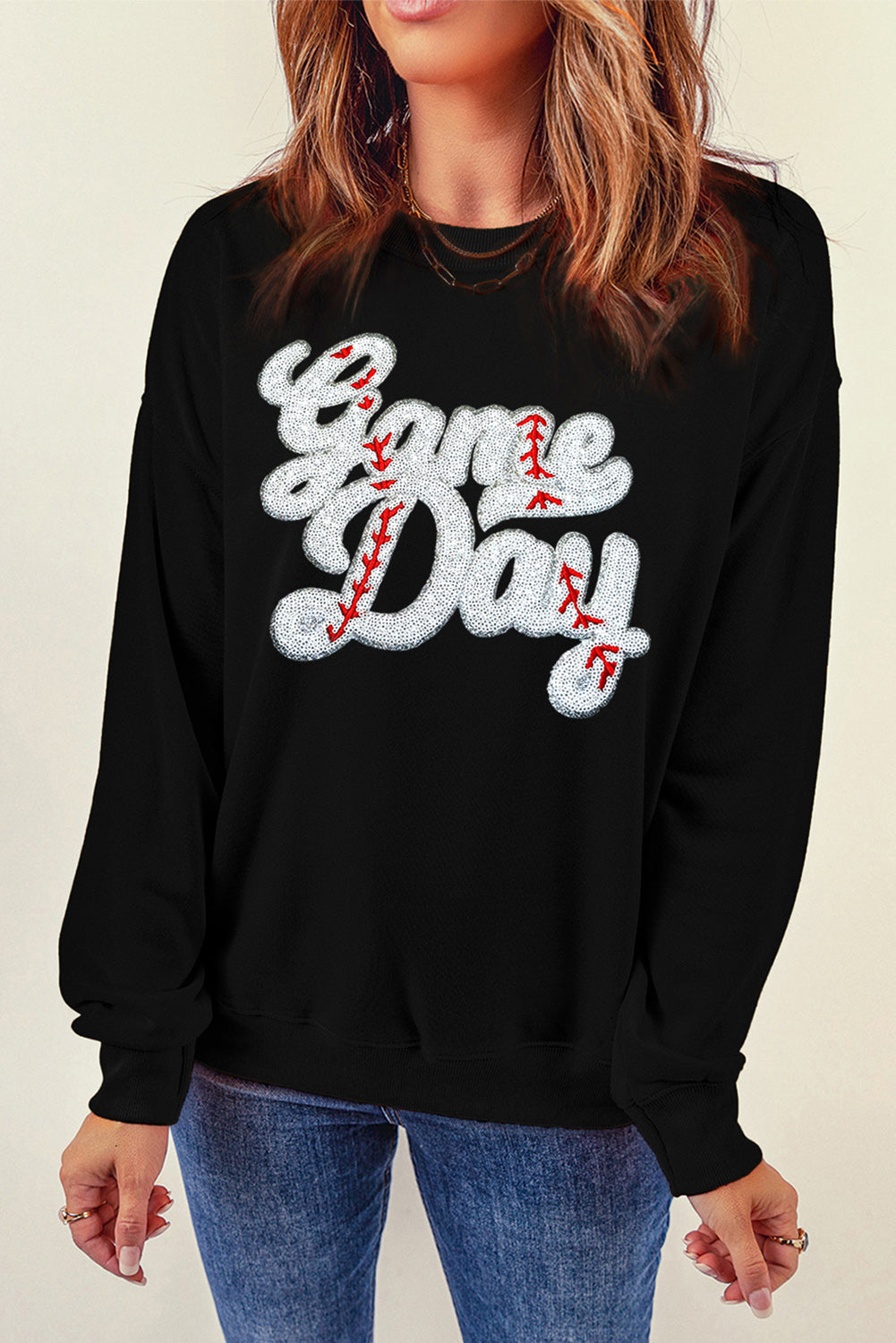 Sequined Game Day Graphic Crew Neck Sweatshirt | Black