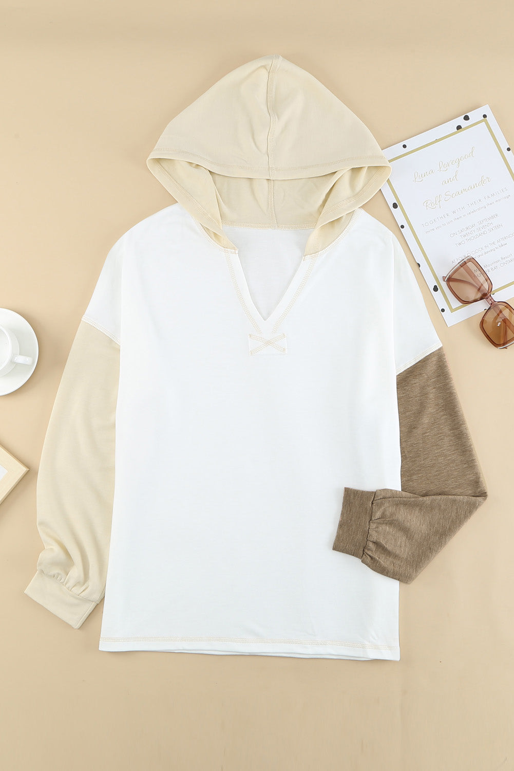 Colourblock V Neck Long Sleeve Hoodie | Khaki