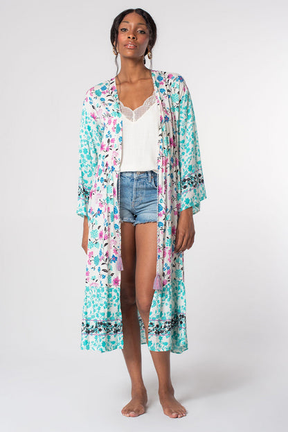 Long Sleeve Tassel Tie Floral Kimono | Multicolour