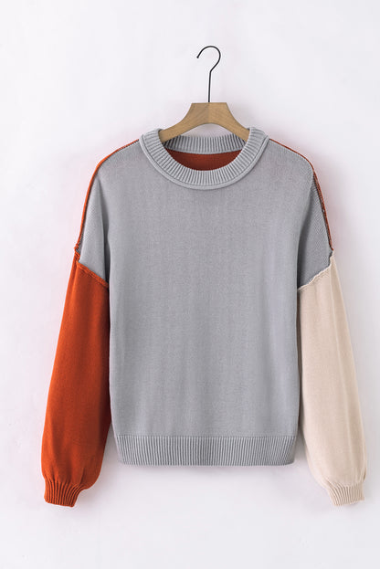 Colourblock Bishop Sleeve Ribbed Trim Sweater | Gray