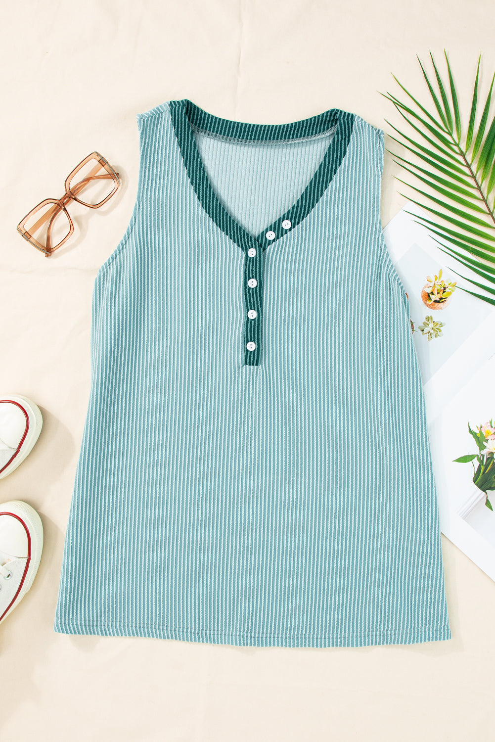 Buttoned Contrast V Neck Textured Tank Top | Mint Green