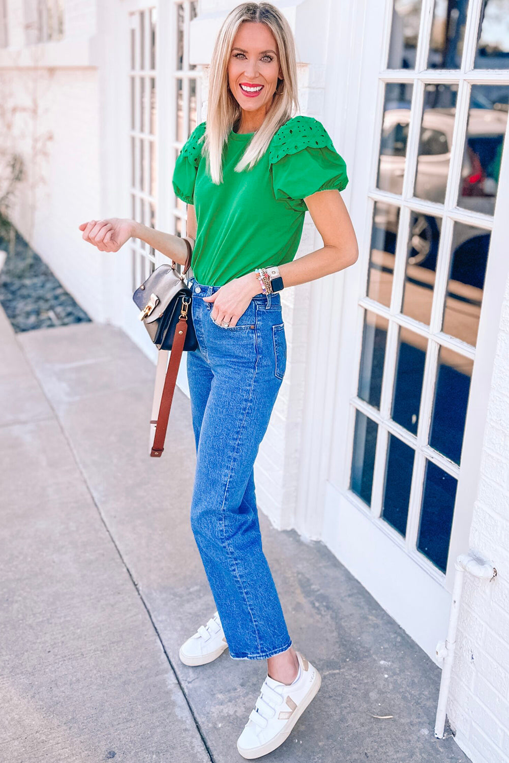 Anglaise Embroidered Puff Short Sleeve Top | Bright Green