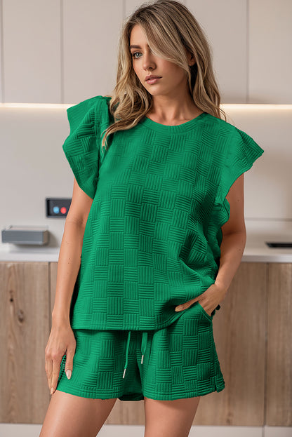 Textured Ruffled Sleeve Tee And Drawstring Shorts Set | Bright Green