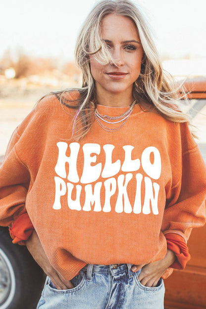 Hello Pumpkin Letter Graphic Corded Sweatshirt | Orange