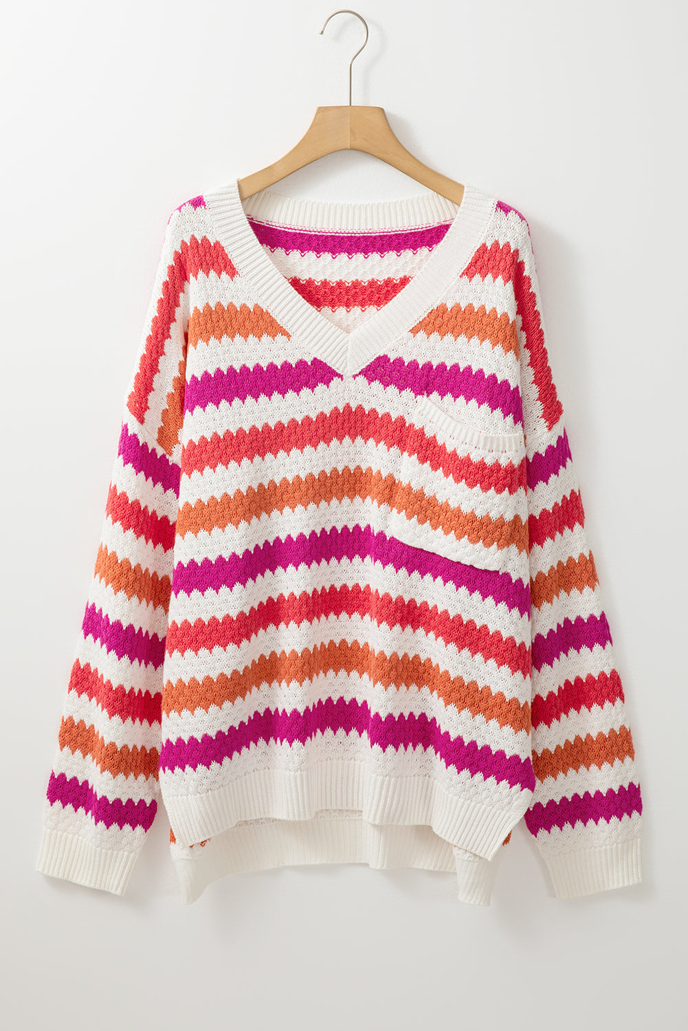 V Neck Drop Shoulder Plus Size Sweater | Pink Stripe