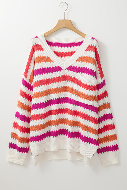 V Neck Drop Shoulder Plus Size Sweater | Pink Stripe