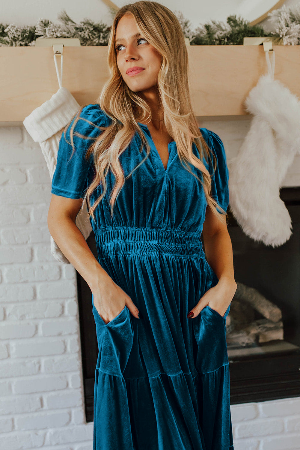 Velvet Short Sleeve Shirred Waist Tiered Maxi Dress | Prussian Blue