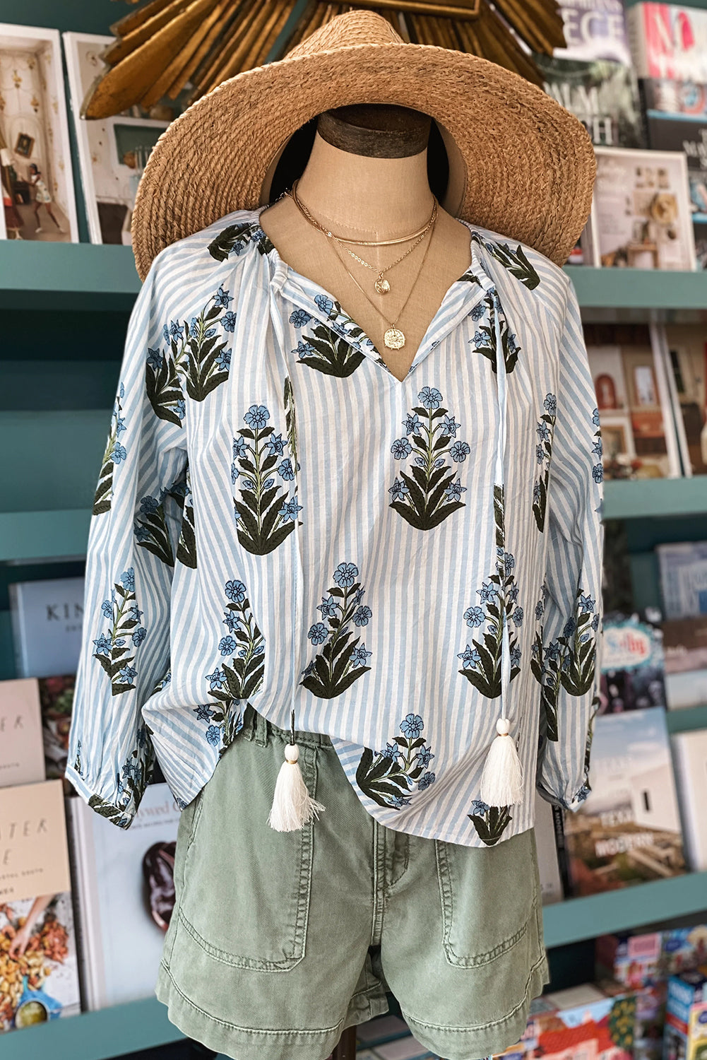 Striped Floral Printed Long Sleeve Tied V Neck Blouse | Beau Blue