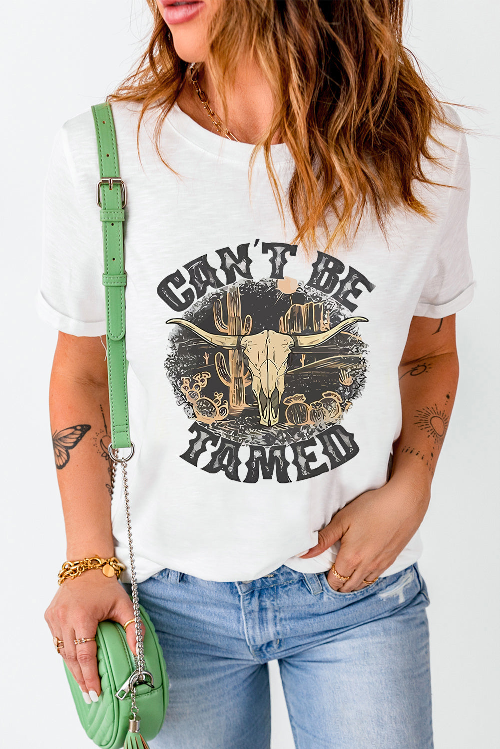 Cant Be Tamed Western Steer Head Crew Neck T Shirt | White