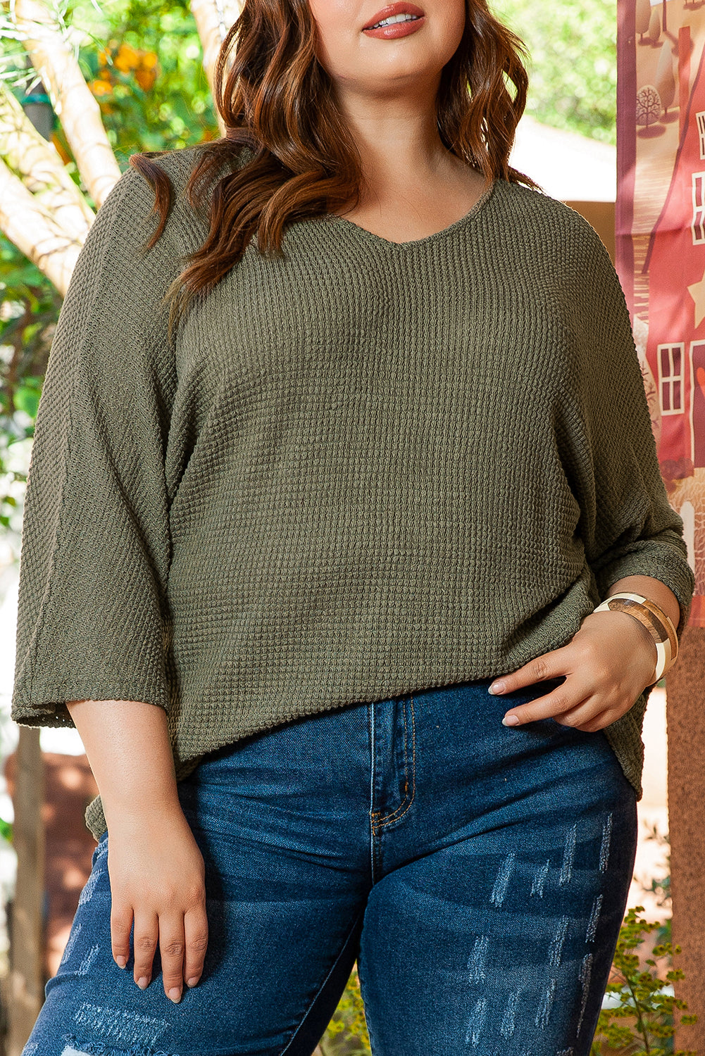 Plus Size V Neck Textured Knit Dolman Top | Jungle Green