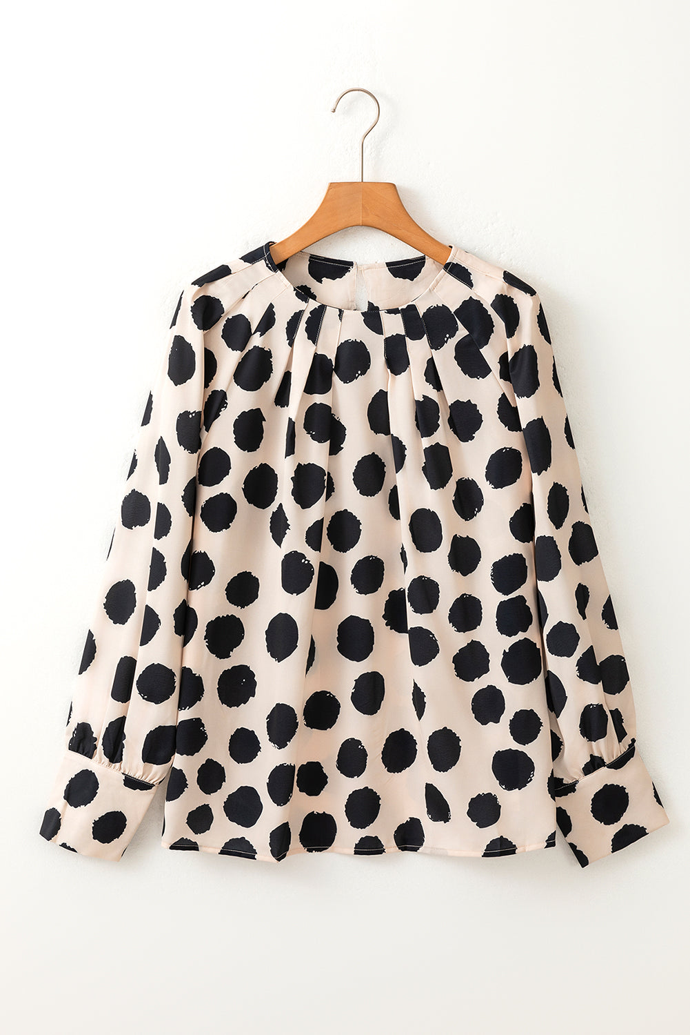 Polka Dot Print Buttoned Sleeve Pleat Blouse | Black