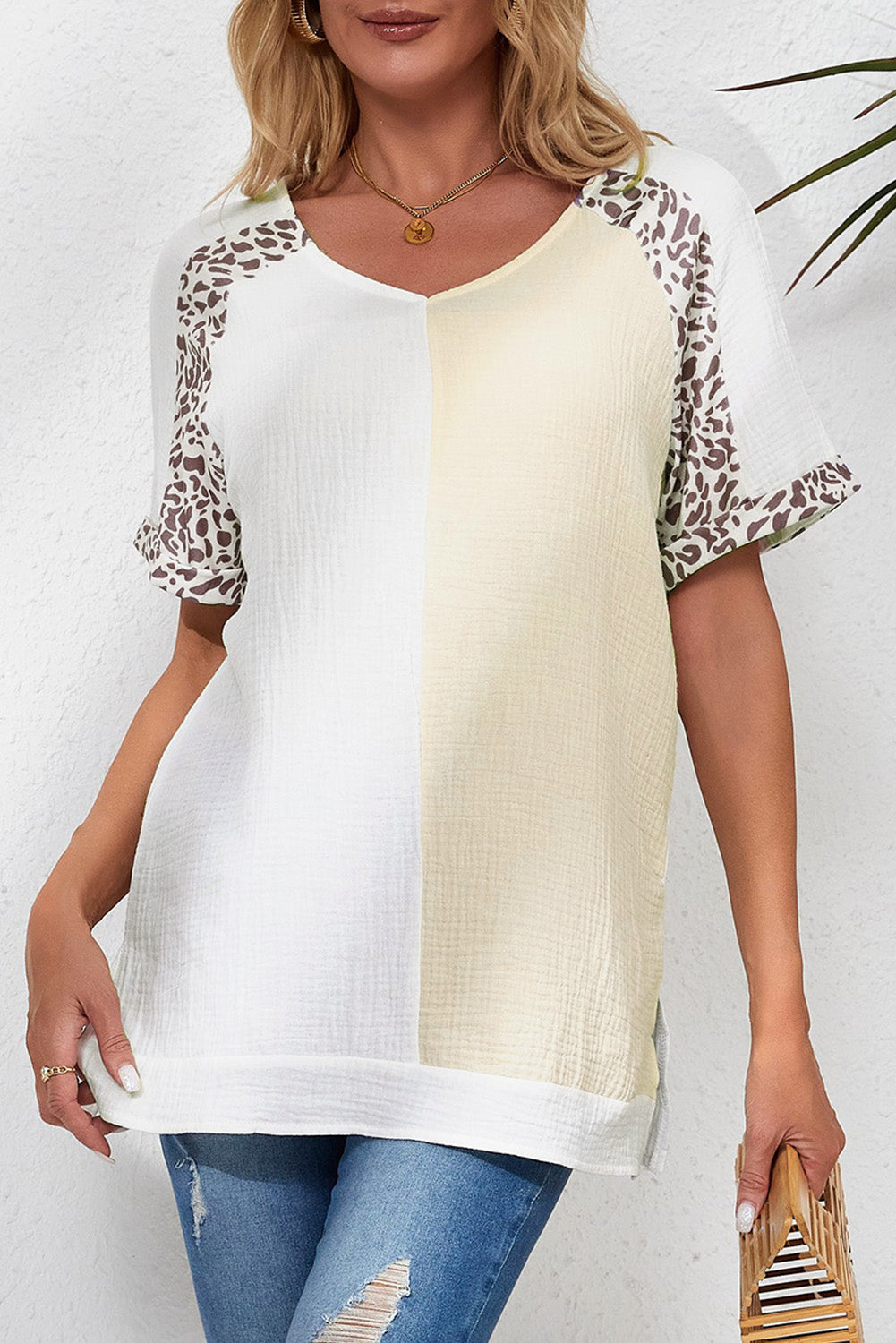 White Distressed Color Patchwork Leopard Trim Blouse