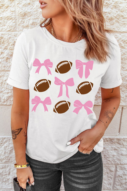 Bowknot Rugby Football Printed Game Day T Shirt | White