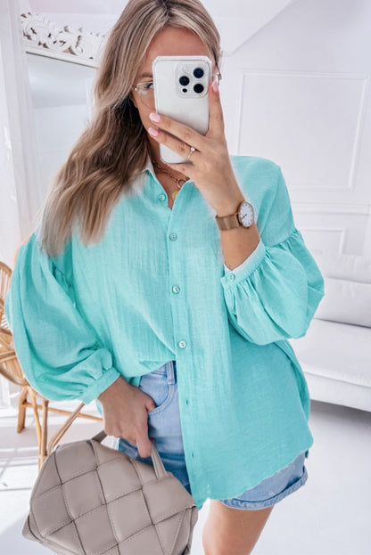 Solid Puff Sleeve Loose Fit Buttoned Shirt | Iceland Blue