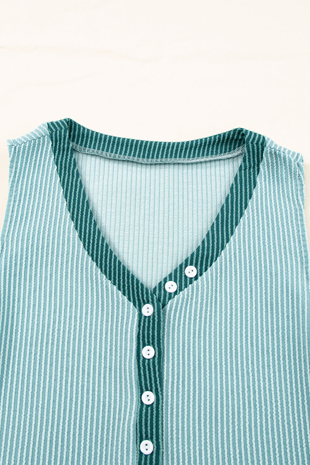 Buttoned Contrast V Neck Textured Tank Top | Mint Green