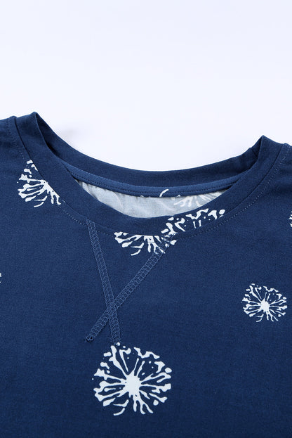 Dandelion Print Crew Neck T-Shirt | Blue