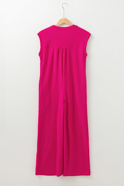 Terry Textured Sleeveless Button Front Wide Leg Jumpsuit | Bright Pink