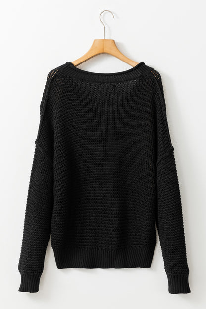 Pointelle Knit Button V Neck Drop Shoulder Sweater | Black