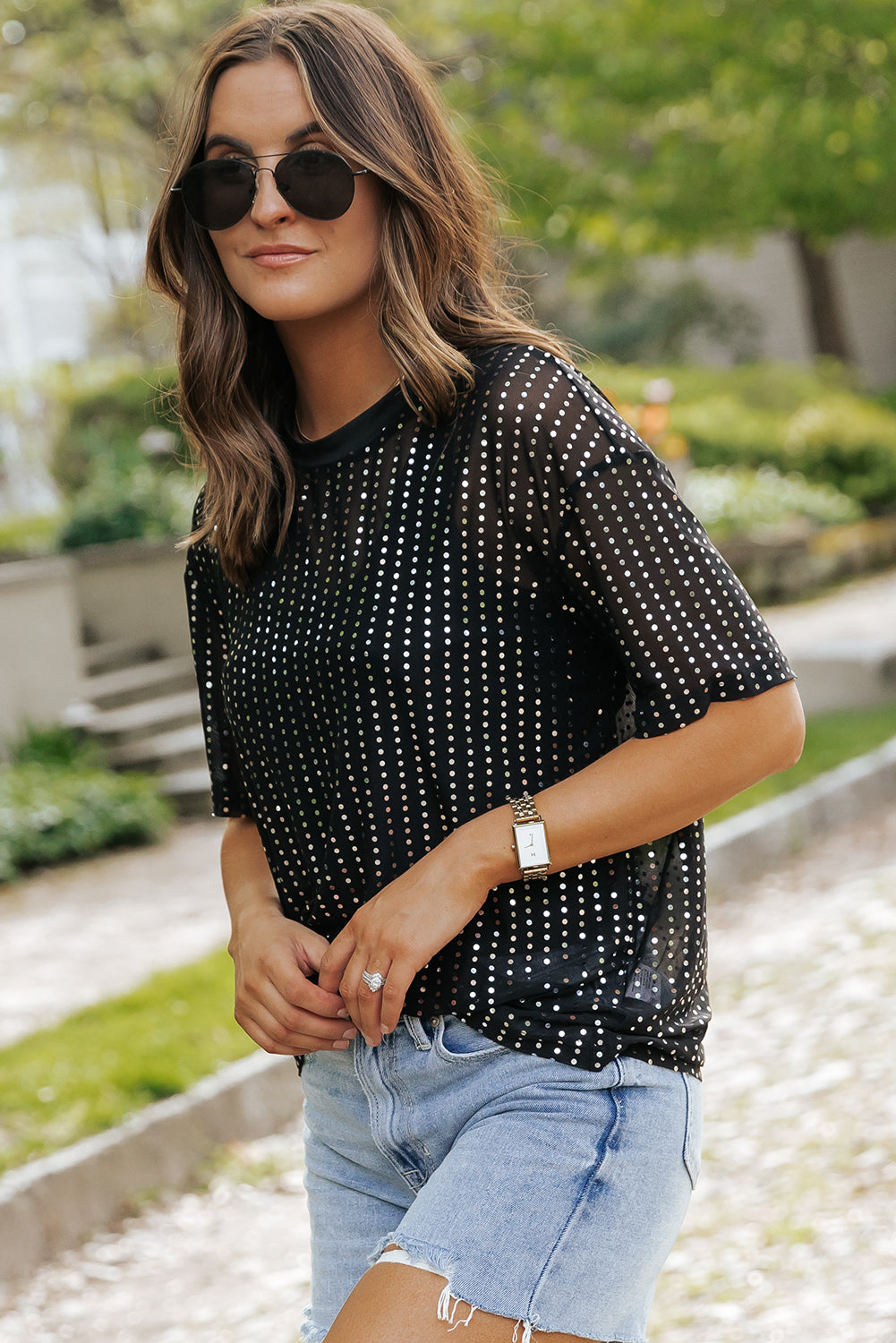 Sequin Drop Shoulder Sheer T-Shirt | Black