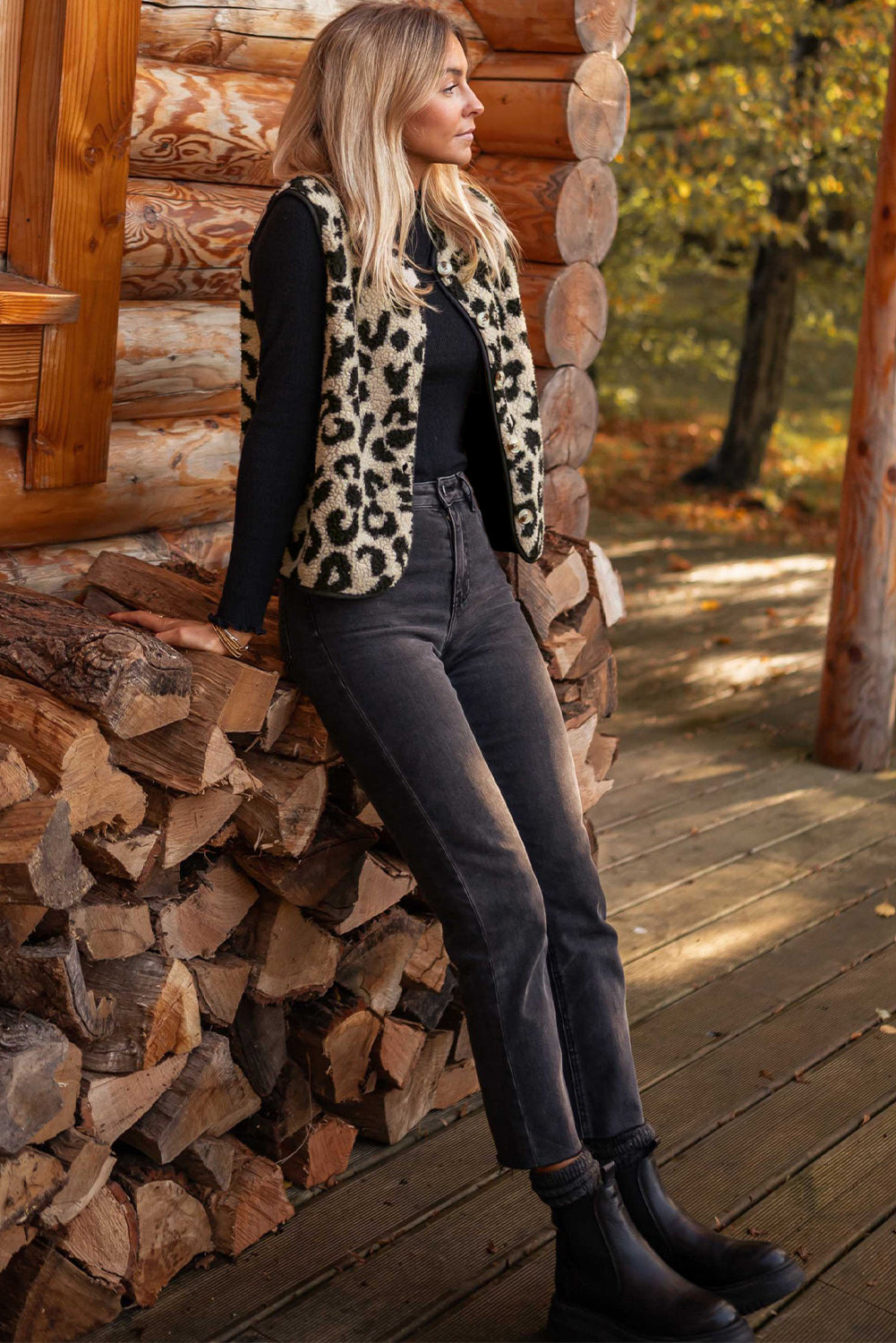 Leopard Print Sherpa Vest Coat | Black