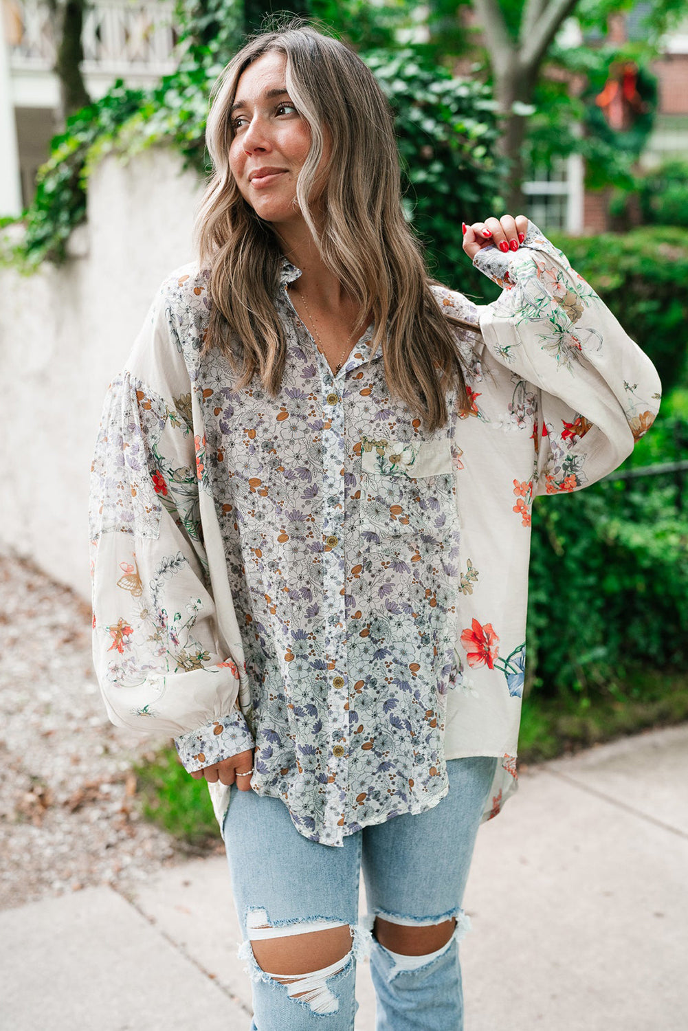 Boho Floral Bishop Sleeve Button Up Loose Shirt | Purple