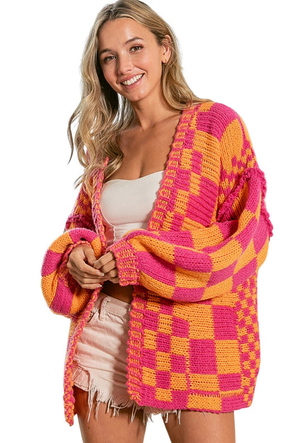 Open Front Mixed Checkered Pattern Knit Cardigan | Multicolour