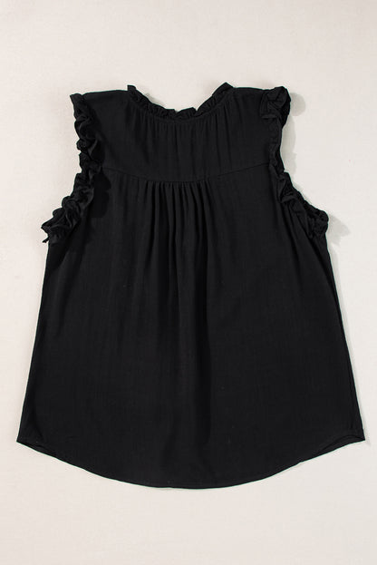 Button Split Neck Ruffled Trim Tank Top | Black