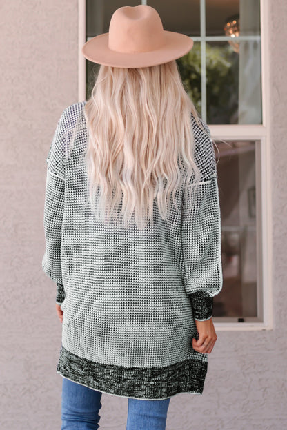 Plaid Knitted Long Open Front Cardigan | Gray